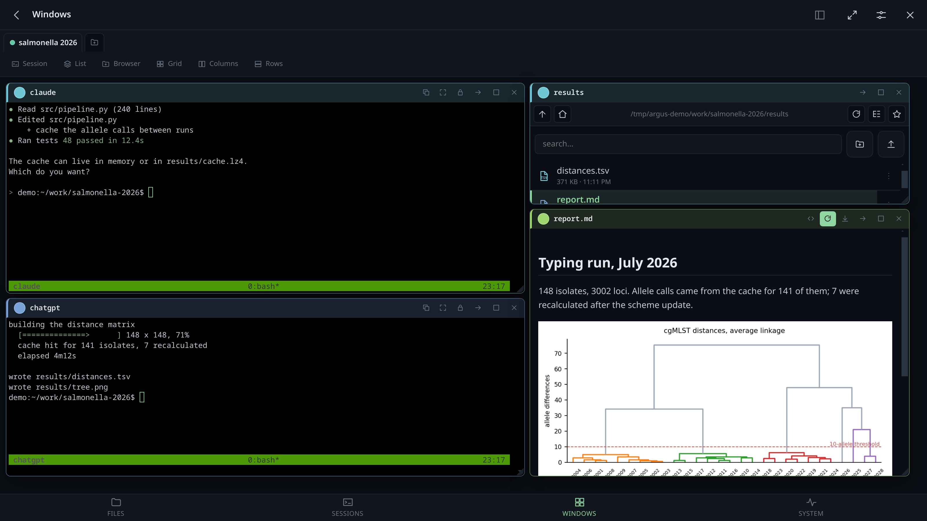 One workspace: two agents running in tmux on the left, the folder they are writing into and the report one of them produced on the right.