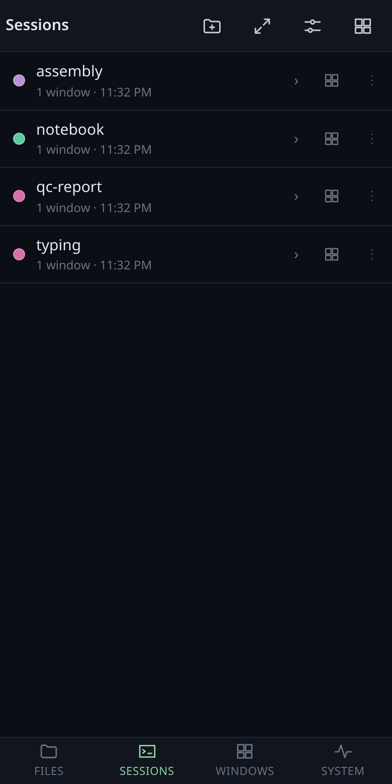The session list on a phone.